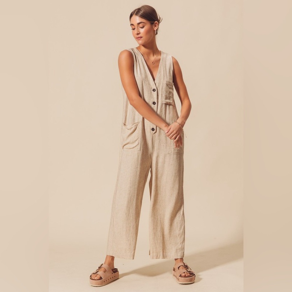 So Me Linen Blend V-Neck Button Down Jumpsuit - Picture 3 of 12